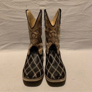 Roper Boys Western Black/Beige Cross Cut Square Toe Pull On Cowboy Boots Size 3